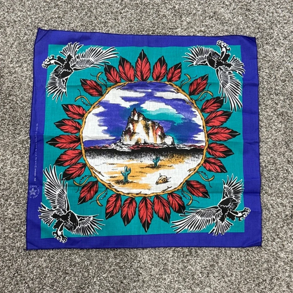 Vintage 90s Southwest Bandana Biker Eagle Desert Mountain Made in USA Blue Aztec